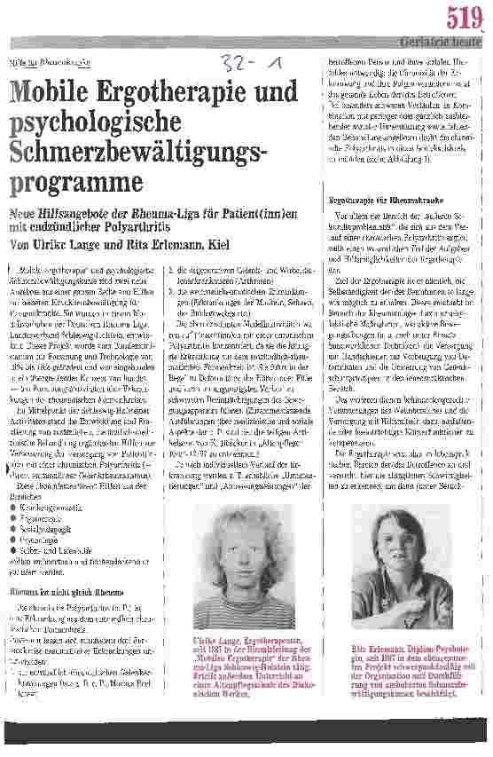 Vorschauseite 1: Mobile Ergotherapie und psychologische Schmerzbewältigungsprogramme Neue Hilfsangebote der Rheuma-Liga