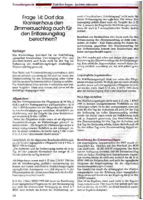 Vorschauseite 1: Frage 14: Darf das Krankenhaus den Zimmerzuschlag auch für den Entlassungstag berechnen?