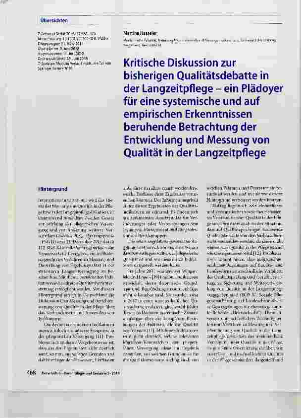 Vorschauseite 1: Kritische Diskussion zur bisherigen Qualitätsdebatte in der Langzeitpflege ein Plädoyer für eine systemische und auf empirischen Erkenntnissen beruhende Betrachtung der Entwicklun…