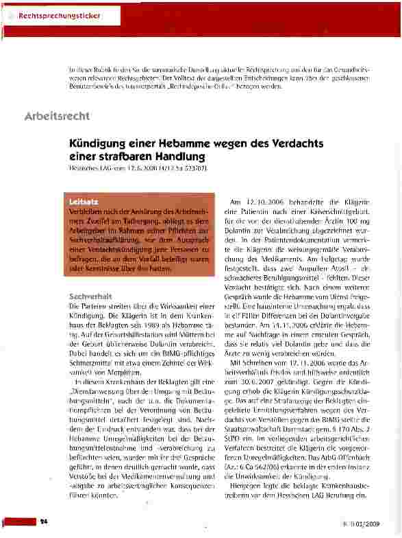 Vorschauseite 1: Kündigung einer Hebamme wegen des Verdachts einer strafbaren Handlung