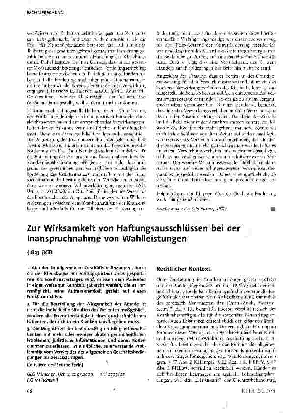 Vorschauseite 1: Zur Wirksamkeit von Haftungsausschlüssen bei der Inanspruchnahme von Wahlleistungen