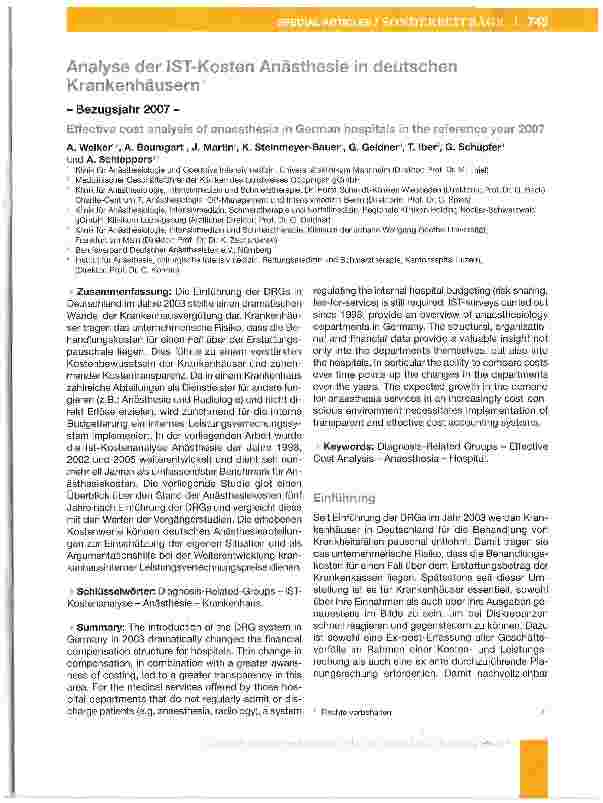 Vorschauseite 1: Analyse der IST-Kosten Anästhesie in deutschen Krankenhäusern