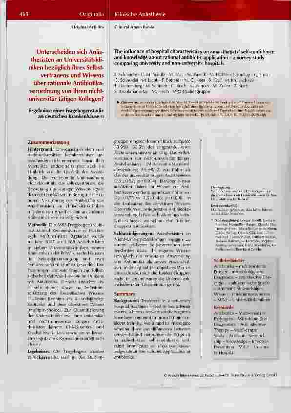 Vorschauseite 1: Unterscheiden sich Anästhesisten an Universitätskliniken bezüglich ihres Selbstvertrauens und Wissens über rationale Antibiotikaverordnung von ihren nichtuniversitär tätigen Kolle…