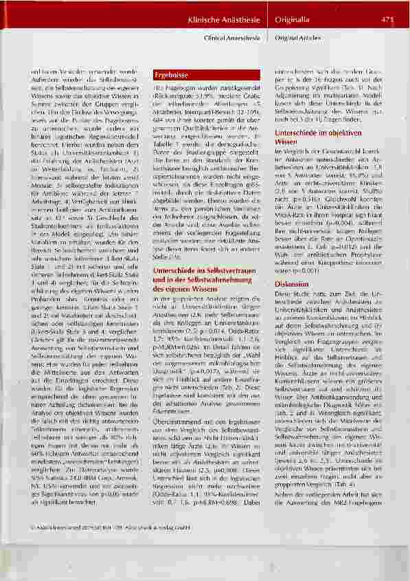 Vorschauseite 4: Unterscheiden sich Anästhesisten an Universitätskliniken bezüglich ihres Selbstvertrauens und Wissens über rationale Antibiotikaverordnung von ihren nichtuniversitär tätigen Kolle…