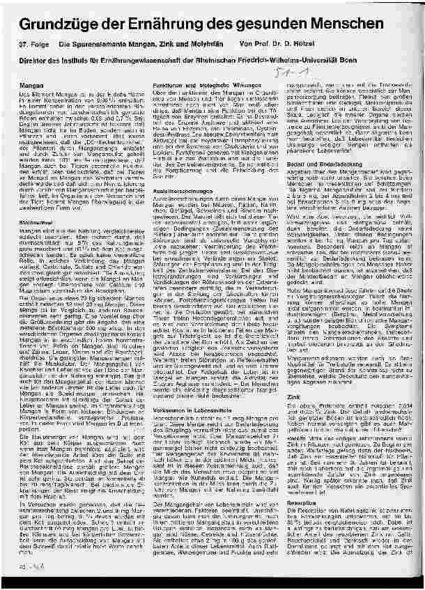 Vorschauseite 1: Grundzüge der Ernährung des gesunden Menschen 37. Folge: Die Spurenelemente: Mangan, Zink, Molybdän