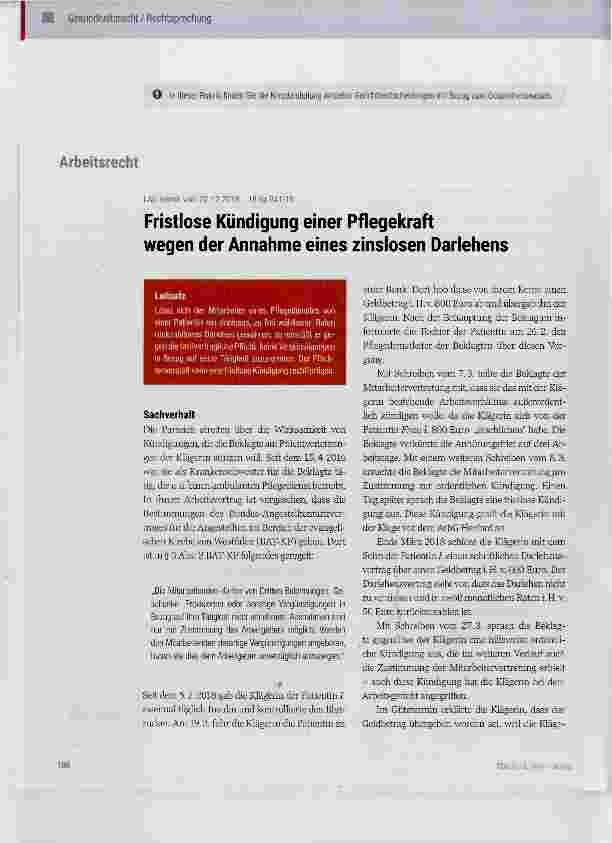 Vorschauseite 1: Fristlose Kündigung einer Pflegekraft wegen der Annahme eines zinslosen Darlehens