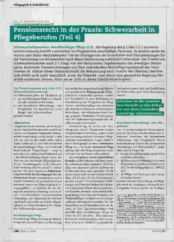 Vorschauseite 1: Pensionsrecht in der Praxis: Schwerarbeit in Pflegeberufen (Teil 4)