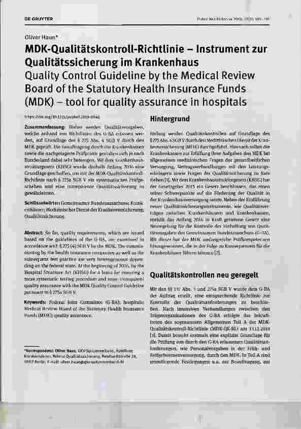 Vorschauseite 1: MDK-Qualitätskontroll-Richtlinie - Instrument zur Qualitätssicherung im Krankenhaus