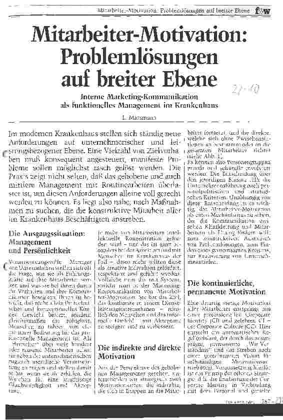 Vorschauseite 1: Mitarbeiter-Motivation: Problemlösungen auf breiter Ebene Interne Marketing-Kommunikation im Krankenhaus