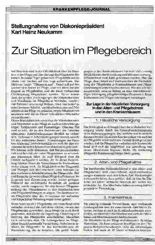 Vorschauseite 1: Zur Situation im Pflegebereich Stellungnahme von Diakoniepräsident Karl-Heinz Neukamm