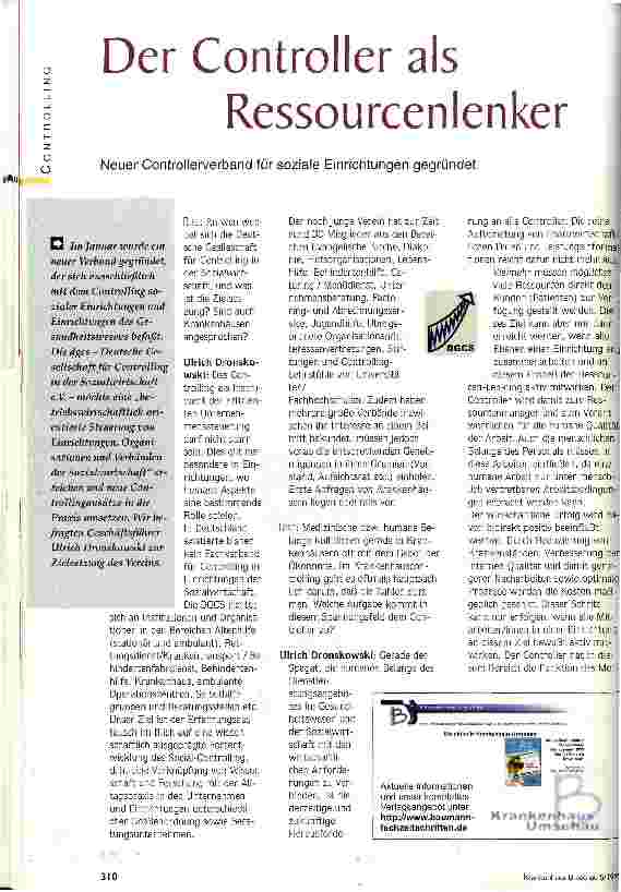 Vorschauseite 1: Der Controller als Ressourcenlenker Neuer Controllerverband für soziale Einrichtungen gegründet