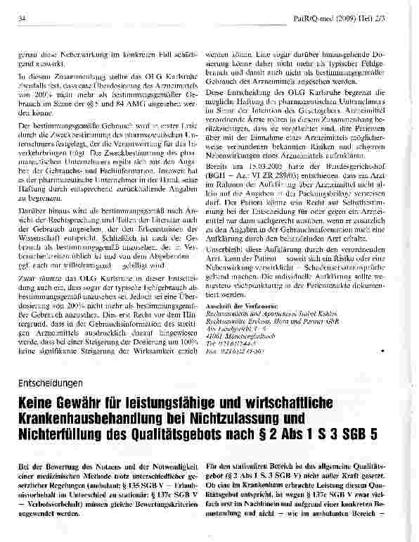 Vorschauseite 1: Keine Gewähr für leistungsfähige und wirtschaftliche Krankenhausbehandlung bei Nichtzulassung und Nichterfüllung des Qualitätsgebots nach § 2 Abs 1 S 3 SGB 5