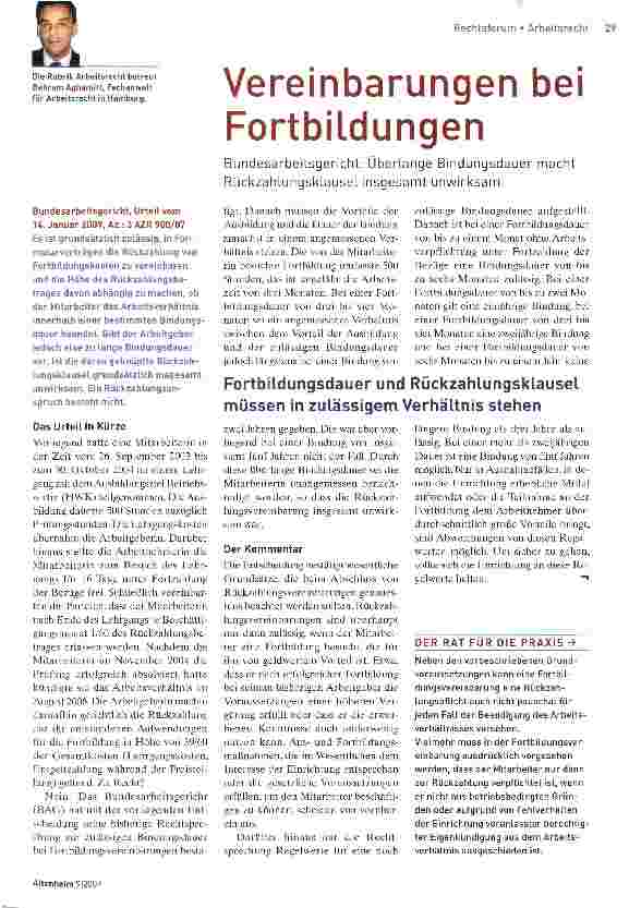 Vorschauseite 1: Vereinbarungen bei Fortbildungen Bundesarbeitsgericht: Überlange Bindungsdauer macht Rückzahlungsklausel insgesamt unwirksam