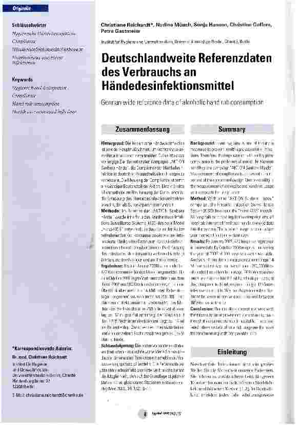 Vorschauseite 1: Deutschlandweite Referenzdaten des Verbrauchs an Händedesinfektionsmittel
