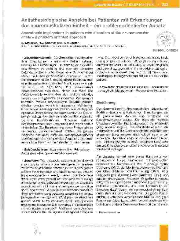 Vorschauseite 1: Anästhesiologische Aspekte bei Patienten mit Erkrankungen der neuromuskularen Einheit - ein problemorientierter Ansatz