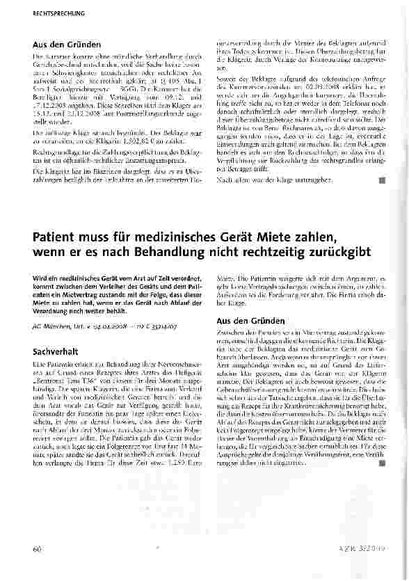 Vorschauseite 1: Patient muss für medizinisches Gerät Miete zahlen, wenn er es nach Behandlung nicht rechtzeitig zurückgibt