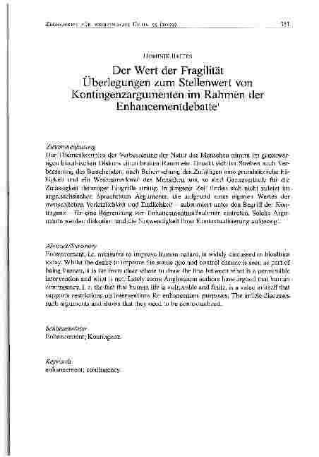 Vorschauseite 1: Der Wert der Fragilität Überlegungen zum Stellenwert von Kontingenzargumenten im Rahmen der Enhancementdebatte