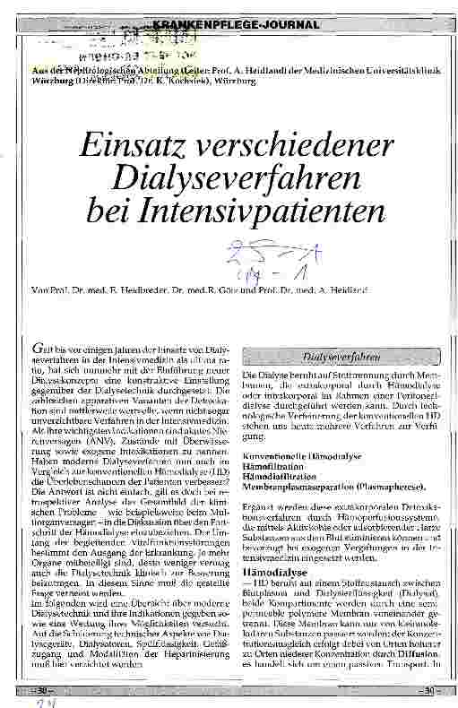 Vorschauseite 1: Einsatz verschiedener Dialyseverfahren bei Intensivpatienten