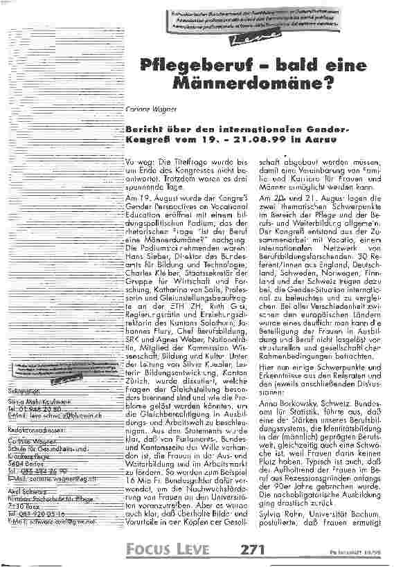 Vorschauseite 1: Pflegeberuf - bald eine Männerdomäne? Bericht über den internationalen Gender-Kongreß vom 19. - 21. 08. 99 in Aarau