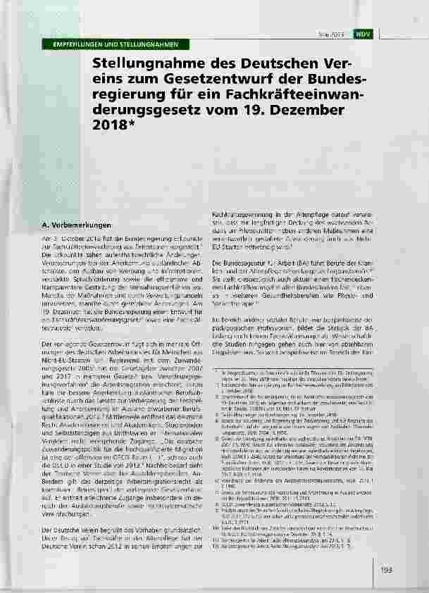 Vorschauseite 1: Stellungnahme des Deutschen Vereins zum Gesetzentwurf der Bundesregierung für ein Fachkräfteeinwanderungsgesetz vom 19. Dezember 2018*