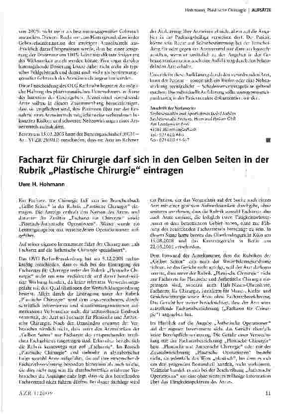 Vorschauseite 1: Facharzt für Chirurgie darf sich in den Gelben Seiten in der Rubrik „Plastische Chirurgie eintragen