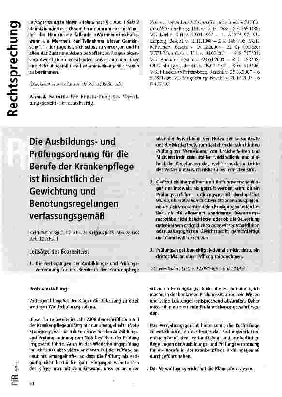 Vorschauseite 1: Die Ausbildungsund Prüfungsordnung für die Berufe der Krankenpflege ist hinsichtlich der Gewichtung und Benotungsregelungen verfassungsgemäß