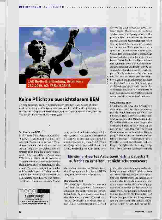 Vorschauseite 1: Keine Pflicht zu aussichtslosem BEM