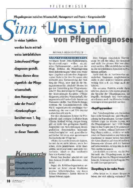 Vorschauseite 1: Sinn + Unsinn von Pflegediagnosen Pflegediagnosen zwischen Wissenschaft, Management und Praxis - Kongressbericht