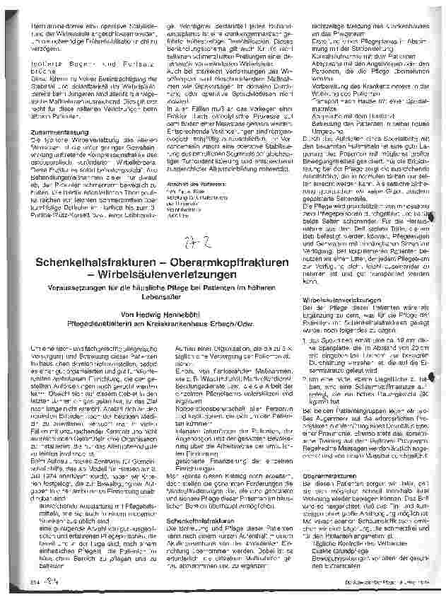 Vorschauseite 2: Schenkelhalsfrakturen-Oberarmkopffrakturen-Wirbelsäulenverletzungen Voraussetzungen für die häusliche Pflege bei Patienten im höheren Alter