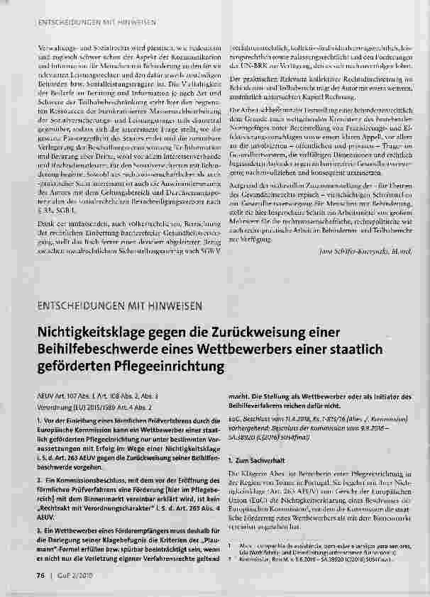 Vorschauseite 1: ENTSCHEIDUNGEN MIT HINWEISENNichtigkeitsklage gegen die Zurückweisung einer Beihilfebeschwerde eines Wettbewerbers einer staatlich geförderten Pflegeeinrichtung