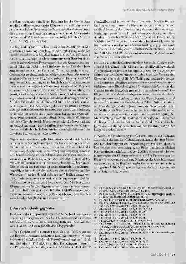 Vorschauseite 2: ENTSCHEIDUNGEN MIT HINWEISENNichtigkeitsklage gegen die Zurückweisung einer Beihilfebeschwerde eines Wettbewerbers einer staatlich geförderten Pflegeeinrichtung