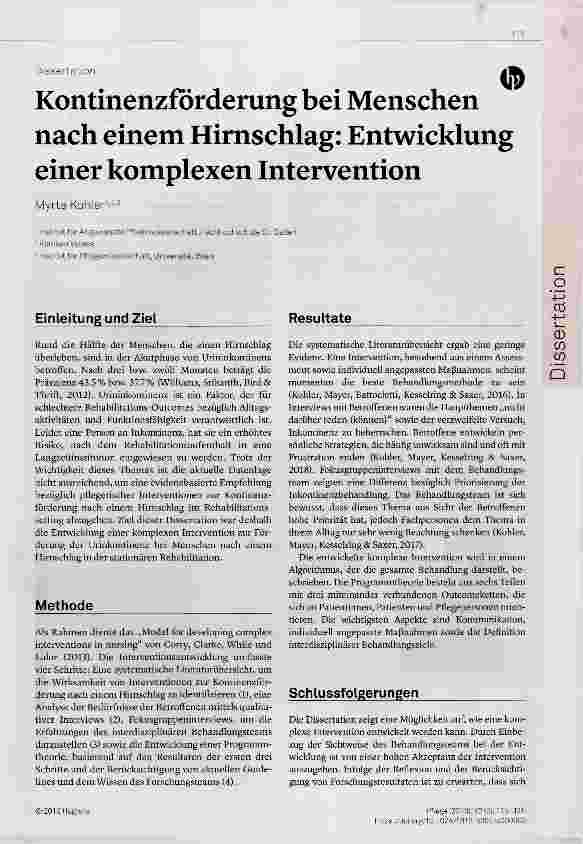 Vorschauseite 1: Kontinenzförderung bei Menschen nach einem Hirnschlag: Entwicklung einer komplexen Intervention