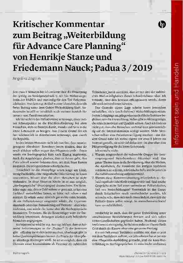 Vorschauseite 1: Kritischer Kommentar zum Beitrag „Weiterbildung für Advance Care Flanning“ von Henrikje Stanze und Friedemann Nauck; Padua 3 / 2019