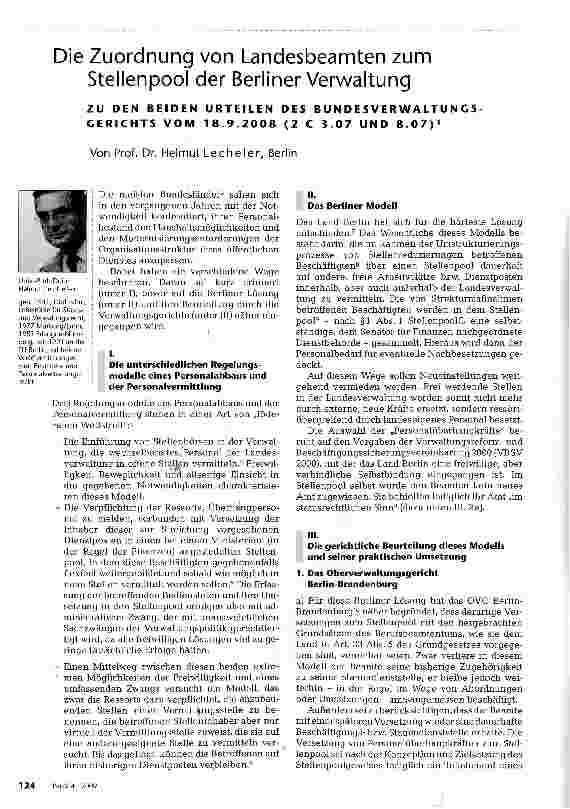 Vorschauseite 1: Die Zuordnung von Landesbeamten zum Stellenpool der Berliner Verwaltung