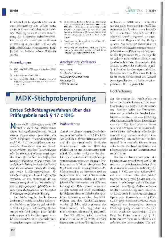 Vorschauseite 1: MDK-StichprobenprüfungErstes Schlichtungsverfahren über das Prüfergebnis nach § 17 c KHG