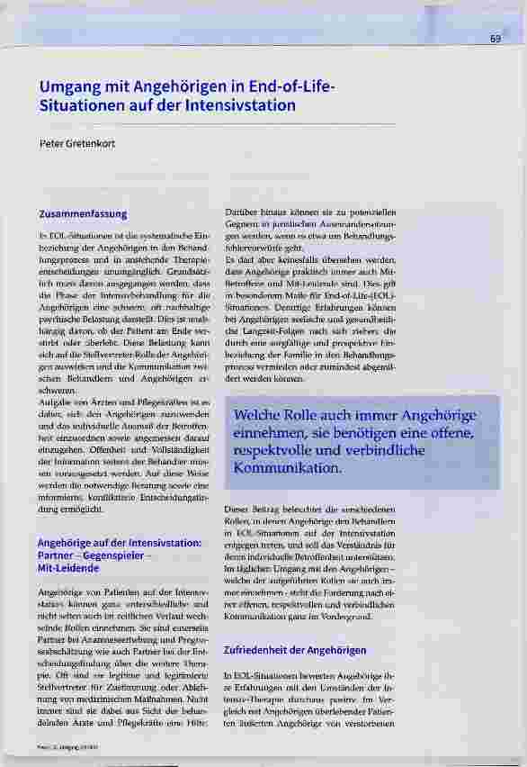 Vorschauseite 1: Umgang mit Angehörigen in End-of-Life- Situationen auf der Intensivstation