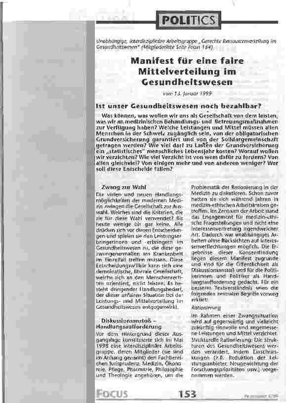 Vorschauseite 1: Manifest für eine faire Mittelverteilung im Gesundheitswesen vom 13. Januar 1999 Ist unser Gesundheitswesen noch bezahlbar?
