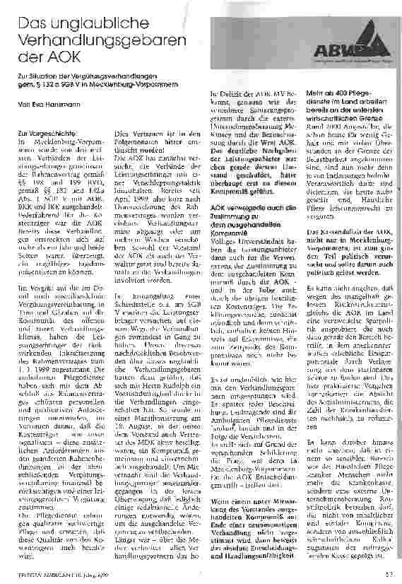 Vorschauseite 1: Das unglaubliche Verhandlungsgebaren der AOK Zur Situation der Vergütungsverhandlungen gem. § 132 a SGB V in Mecklenburg-Vorpommern
