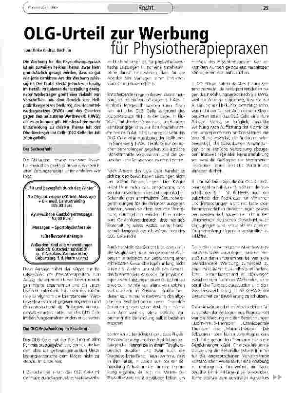 Vorschauseite 1: OLG-Urteil zur Werbung für Physiotherapiepraxen