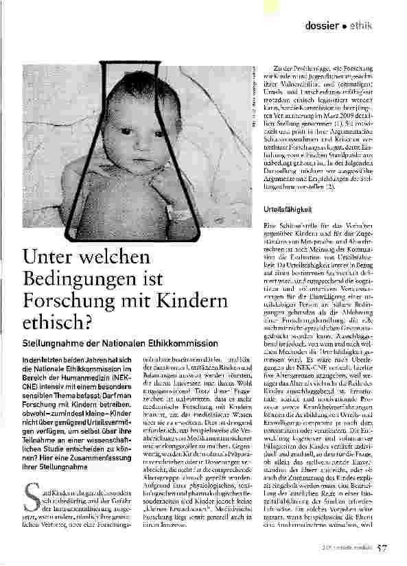 Vorschauseite 1: Unter welchen Bedingungen ist Forschung mit Kindern ethisch?Stellungnahme der Nationalen Ethikkommission