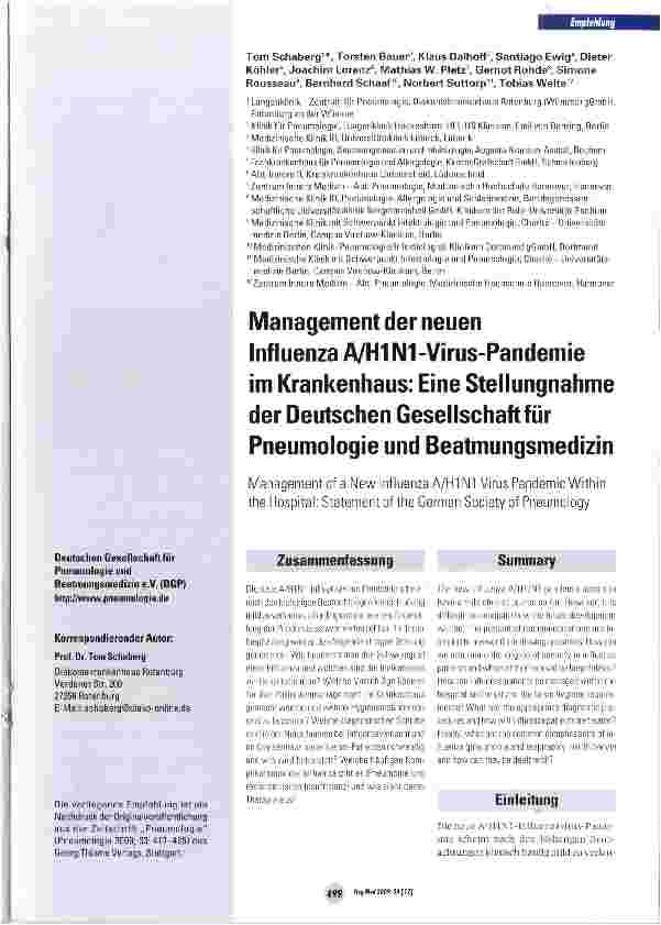 Vorschauseite 1: Management der neuen Influenza A/H1N1-Virus-Pandemie im Krankenhaus: Eine Stellungnahme der Deutschen Gesellschaft für Pneumoiogie und Beatmungsmedizin