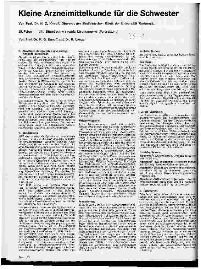 Vorschauseite 1: Kleine Arzneimittelkunde für die Schwester 35. Folge: VII. Diuretisch wirkende Medikamente (Fortsetzung)