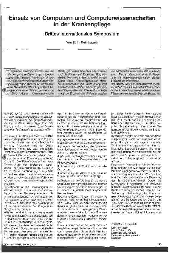 Vorschauseite 1: Einsatz von Computern und Computerwissenschaften in der Krankenpflege Drittes Internationales Symposium