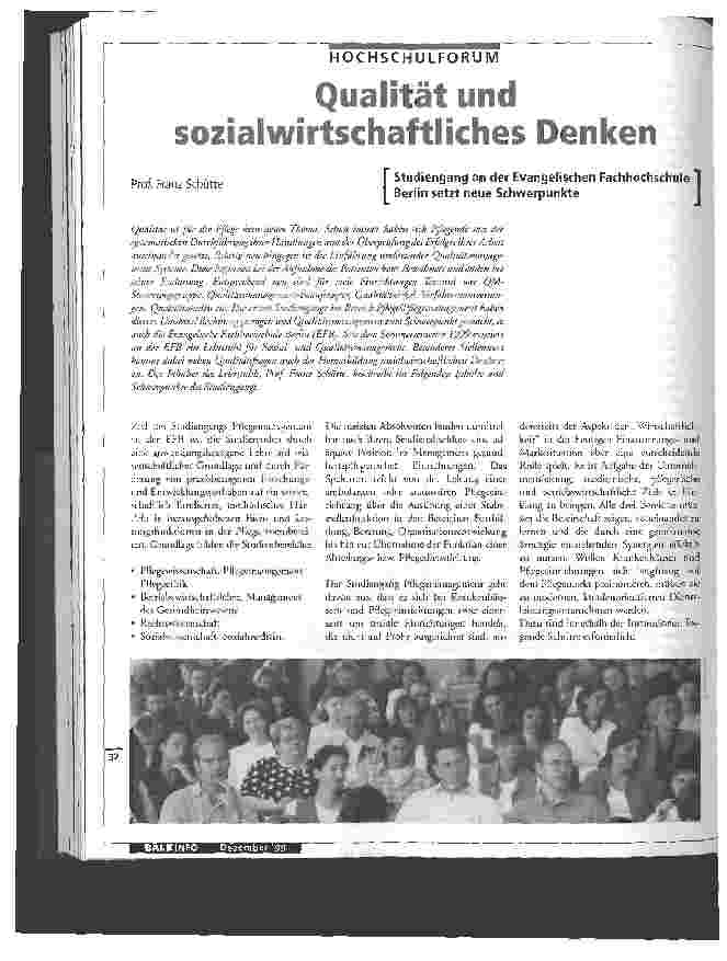 Vorschauseite 1: Qualität und sozialwirtschafltiches Denken Studiengang an der Evangelischen Fachhochschule Berlin setzt neue Schwerpunkte