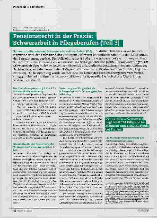 Vorschauseite 1: Pensionsrecht in der Praxis: Schwerarbeit in Pflegeberufen (Teil 3)