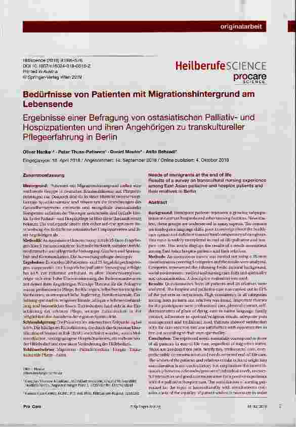 Vorschauseite 1: Bedürfnisse von Patienten mit Migrationshintergrund am LebensendeErgebnisse einer Befragung von ostasiatischen Palliativund Hospizpatienten und ihren Angehörigen zu transkulturell…