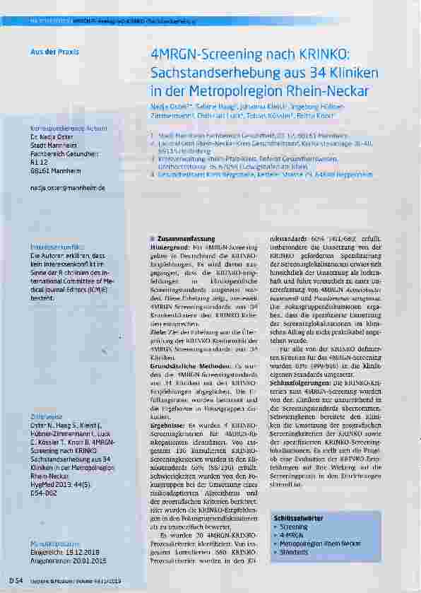 Vorschauseite 1: 4MRGN-Screening nach KRINKO: Sachstandserhebung aus 34 Kliniken in der Metropolregion Rhein-Neckar