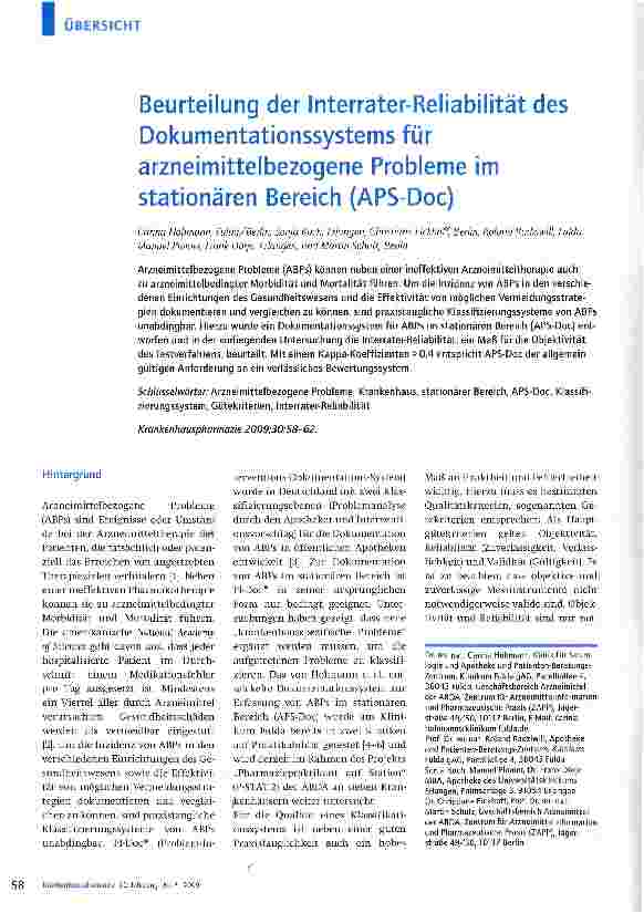 Vorschauseite 1: Beurteilung der Interrater-Reliabilität des Dokumentationssystems für arzneimittelbezogene Probleme im stationären Bereich (APS-Doc)