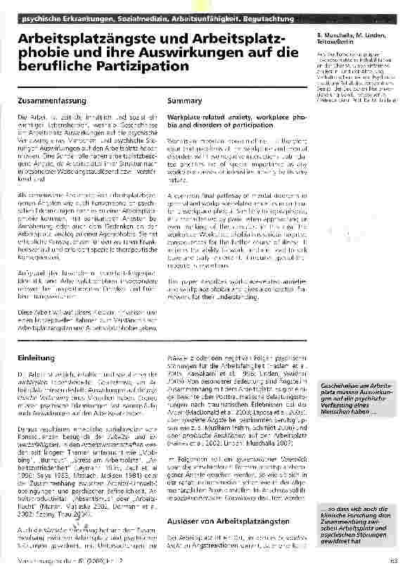 Vorschauseite 1: psychische Erkrankungen, Sozialmedizin, Arbeitsunfähigkeit, BegutachtungArbeitsplatzängste und Arbeitsplatzphobie und ihre Auswirkungen auf die berufliche Partizipation