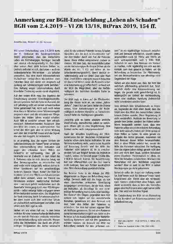 Vorschauseite 1: Anmerkung zur BGH-Entscheidung „Leben als Schaden BGH vom 2. 4. 2019 - VI ZB 13/18, BtPrax 2019, 154 ff.